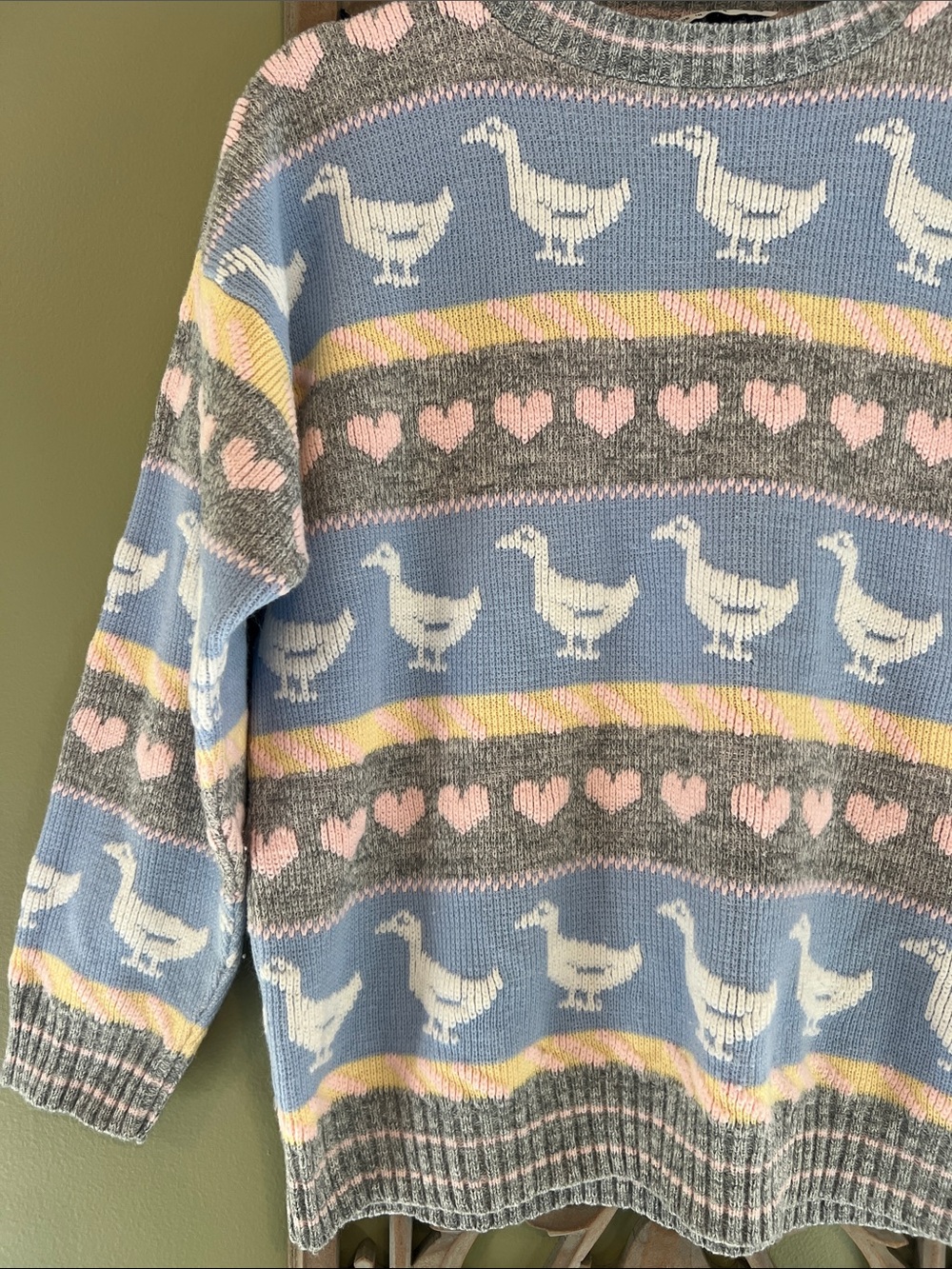 Vintage Kate Collins Pastel Knit Goose Duck Hearts Grandma Cottage Core Sweater